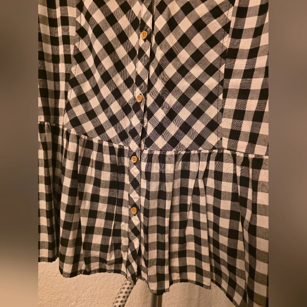 Black and White Gingham Button-Front Peplum Shirt Top Cotton Rayon Women's 2x - Picture 7 of 8
